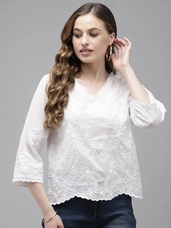 Women's White Embroidered Crop Top - Ishin Asymmetrical Pockets Print