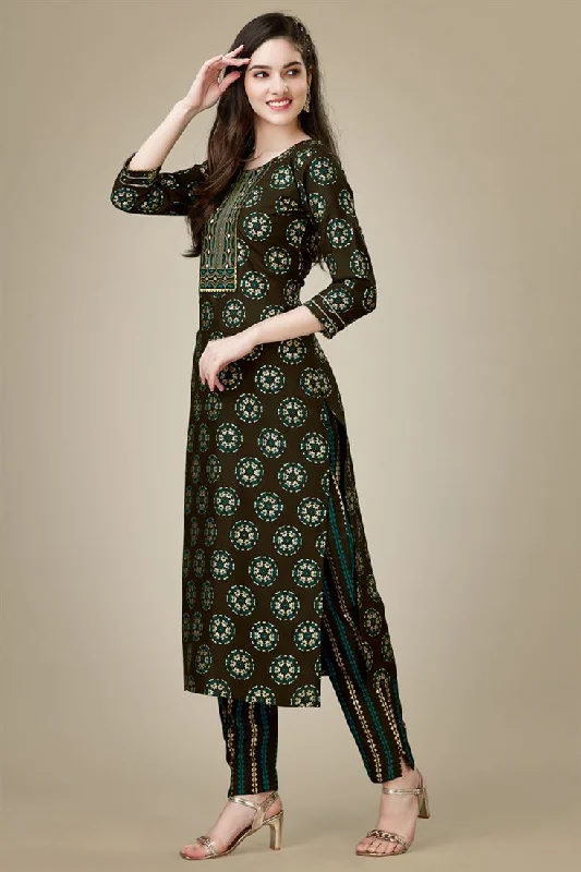 Elegant Brown Color Rayon Fabric Kurti With Pant Casual Wide Pants