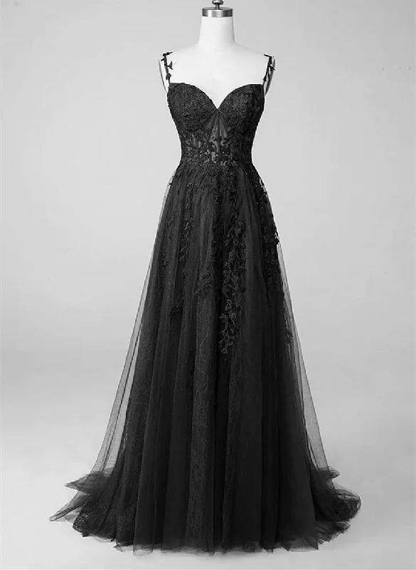 Black Lace Straps Beaded A-line Prom Dress Party Dress, Black Floor Length Formal Dress Tunics Occasion special