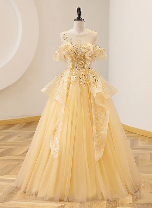 Light Yellow Tulle with Beadings and Lace Party Dress, Yellow Tulle Prom Dress Tunics Evening elegant