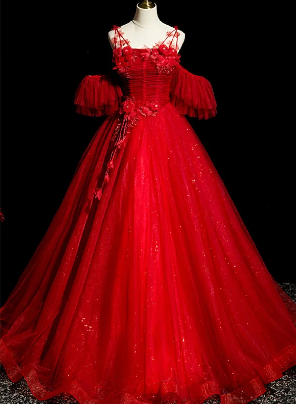Red Tulle Ball Gown Off Shoulder Sweet 16 Formal Dresses, Red Evening Gown Party Dress Cowl Neckline Elegant