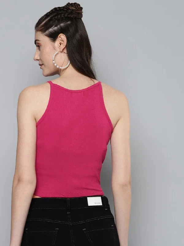 Women's Fuchsia Strappy Box Back Crop Top - SASSAFRAS Houndstooth Herringbone Solid