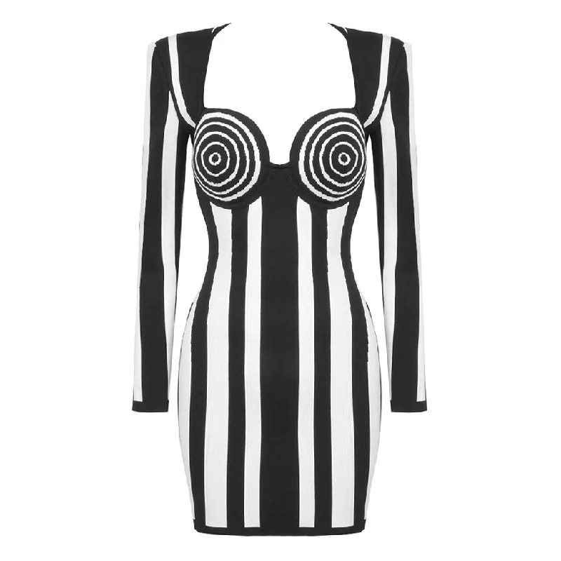 Vintage Sweetheart Long Sleeve Striped Jacquard Bandage Mini Party Dress Tunics Silk luxurious