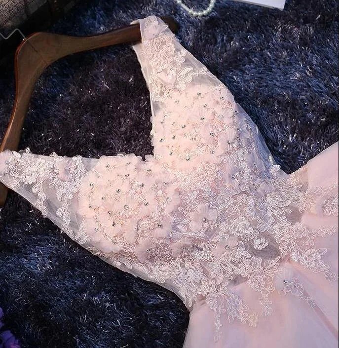 Pink V-neckline Flowers and Lace Applique Party Dress, Short Prom Dress Tunics Occasion special