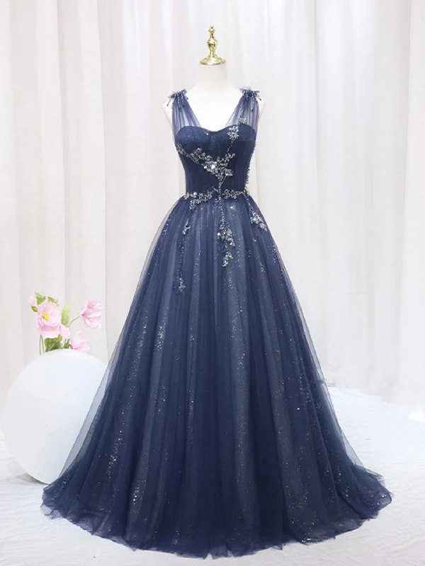 Blue Tulle Beaded Long Prom Dress, Blue Evening Party Dress empire Waist empire