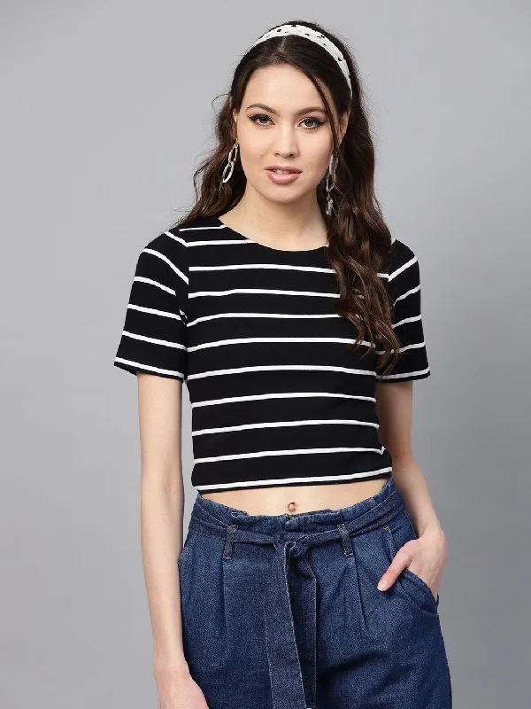 Women's Black White Stripe Crop Top - SASSAFRAS Graphic Embroidered Appliqued