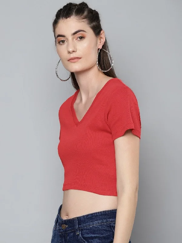 Women's Red V-Neck Crop Top - SASSAFRAS Houndstooth Herringbone Solid