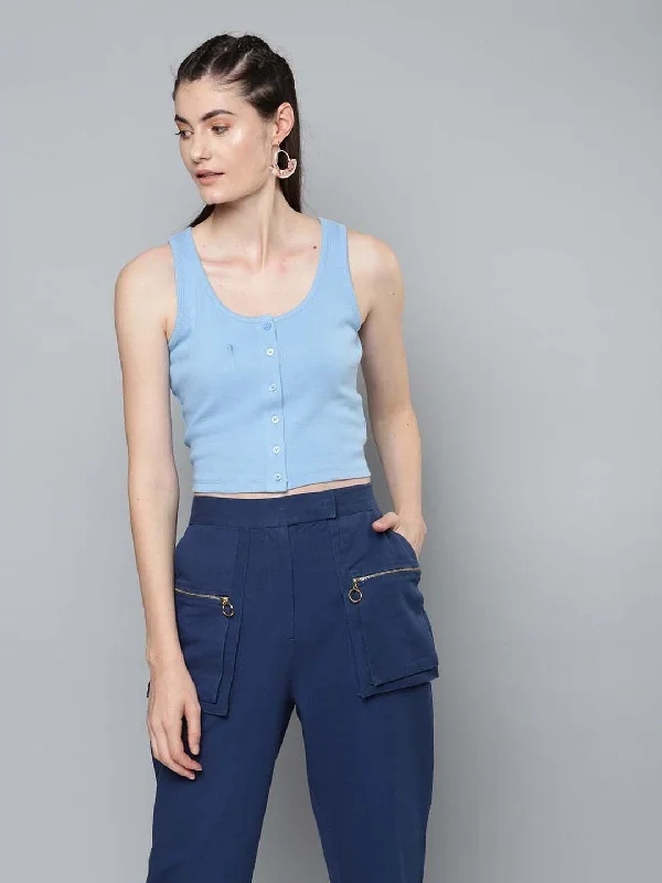 Women's Blue Front Button Sleeveless Crop Top - SASSAFRAS Mesh Blend Leather Blend Suede Blend