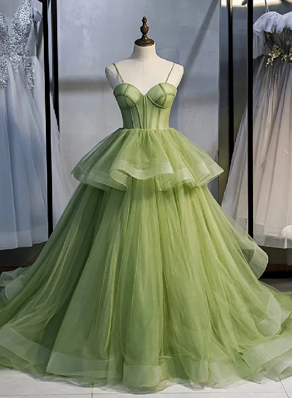 Sage Green Corset Long Prom Dress, Long Green Tulle Party Dress Evening Dresses sweetheart Neckline Romantic