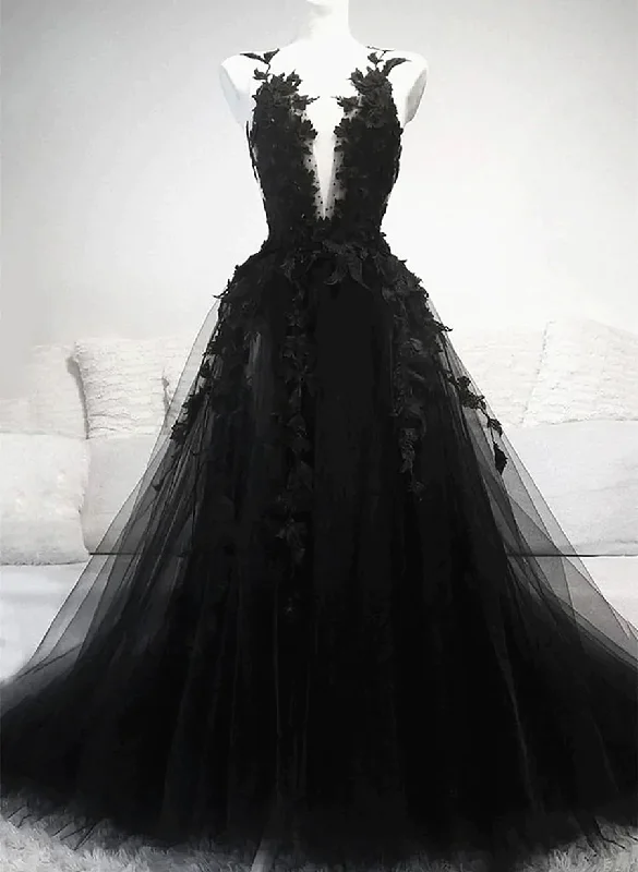 Black A-line Tulle with Lace Long Party Dress, Black Formal Dress Prom Dress Tunics Business professional