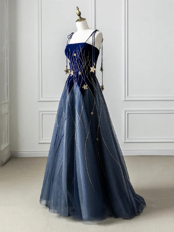 Blue Spaghetti Strap Velvet Long Prom Dress with Star, Blue Evening Dress Party Dress Off-the-shoulder Chic Trendy