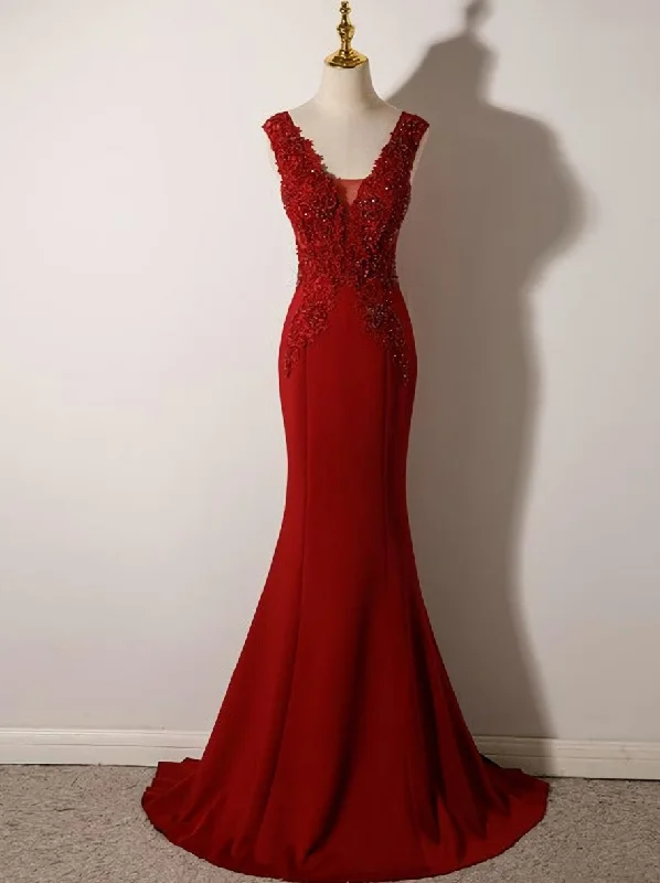 Wine Red Mermaid Floor Length Low Back Evening Dress, Burgundy Prom Dress Party Dress Tunics Hiking breathable