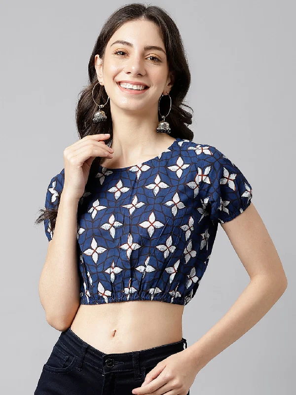 Women's Indigo Printed Cotton Elasticated Crop Top - Deckedup Seamless Knitted Crochet