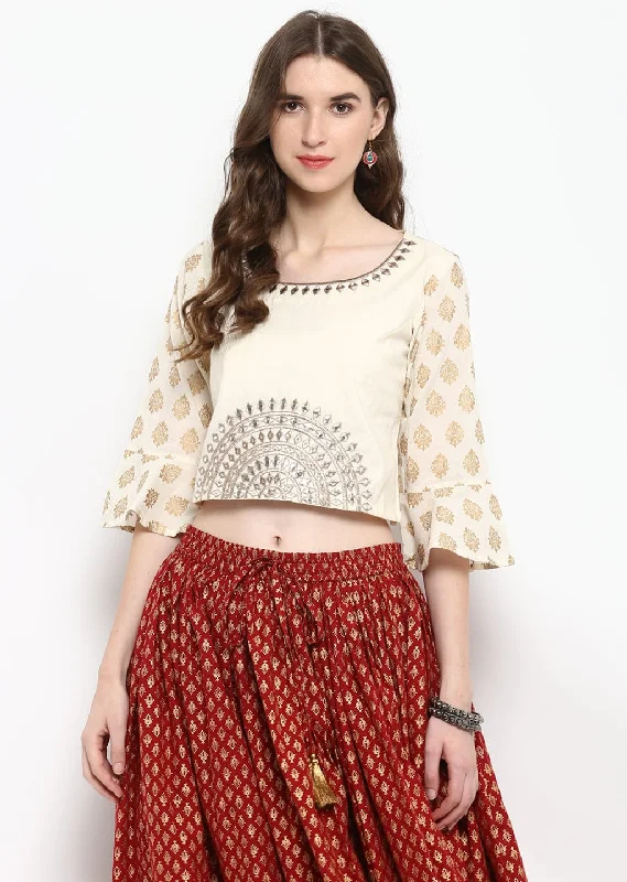 Women's Ivory Gold Print Embroidered Crop Top - Varanga Solid Color Striped Floral