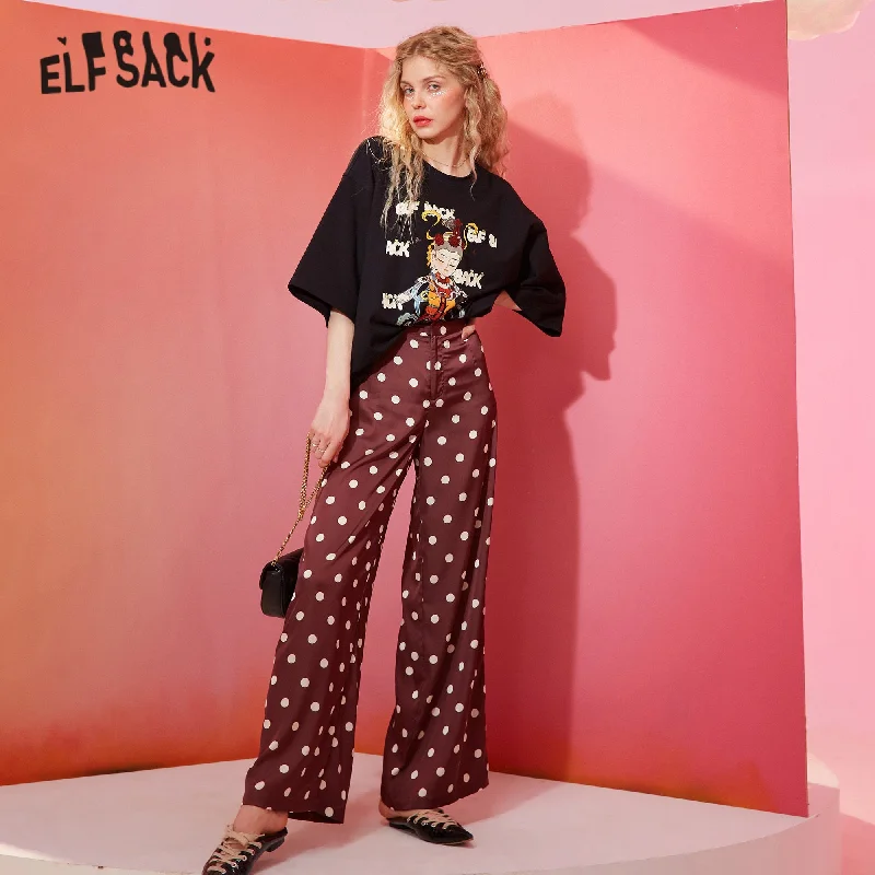 ELFSACK Red Polka Dot Satin Wide Leg Loose Women Pants Modern Stretch Trousers