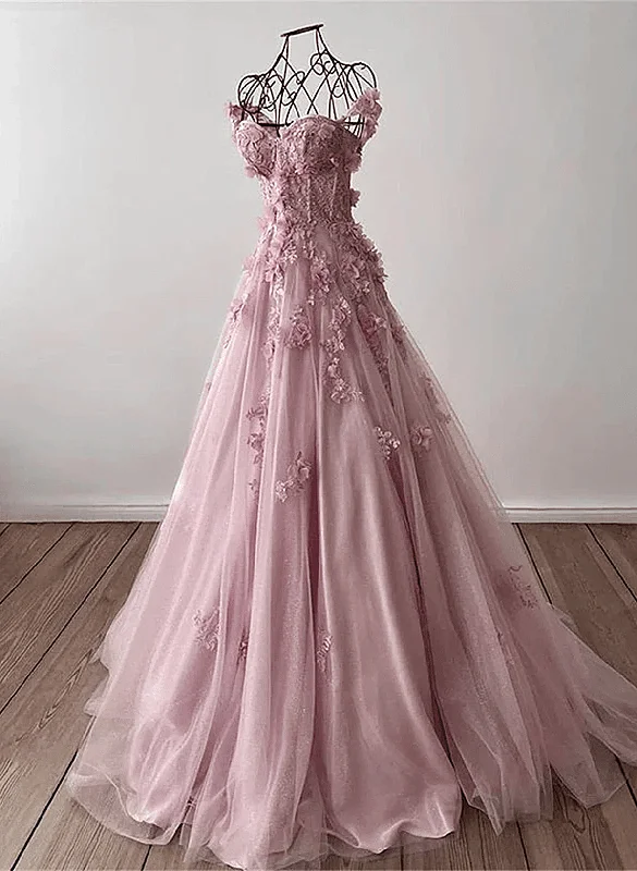 Light Pink Off Shoulder Tulle Floral Party Dress, A-line Pink Tulle Prom Dress Evening Dress Satin Halter Glamorous