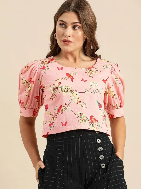 Women's Pink & Yellow Floral Printed Regular Crop Top - Varanga Mesh Canvas Denim