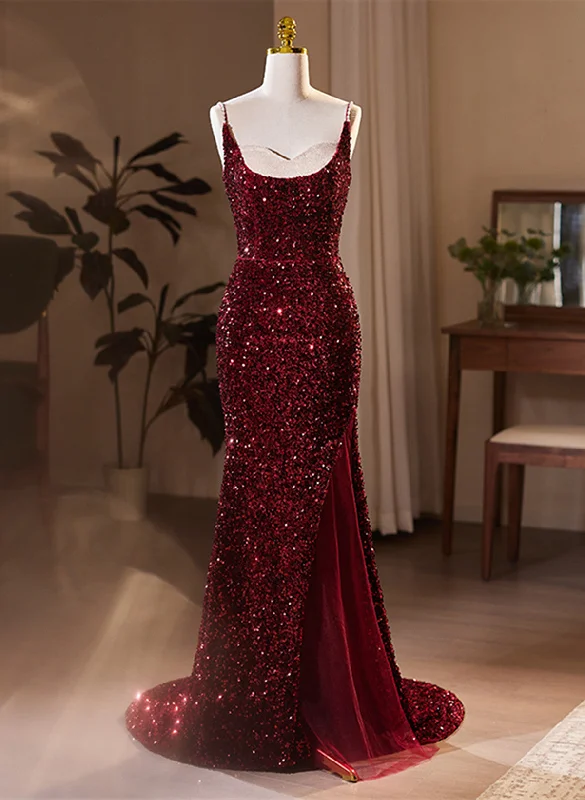 Wine Red Sequins Mermaid Long Formal Dress, Wine Red Evening Dress Party Dress Lace Sexy Club