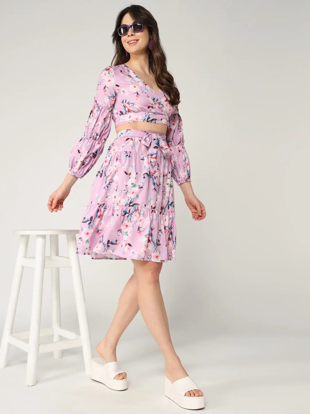 Floral Printed Crop Top With Fit-Flare Skirt Set Print Jacquard Patchwork