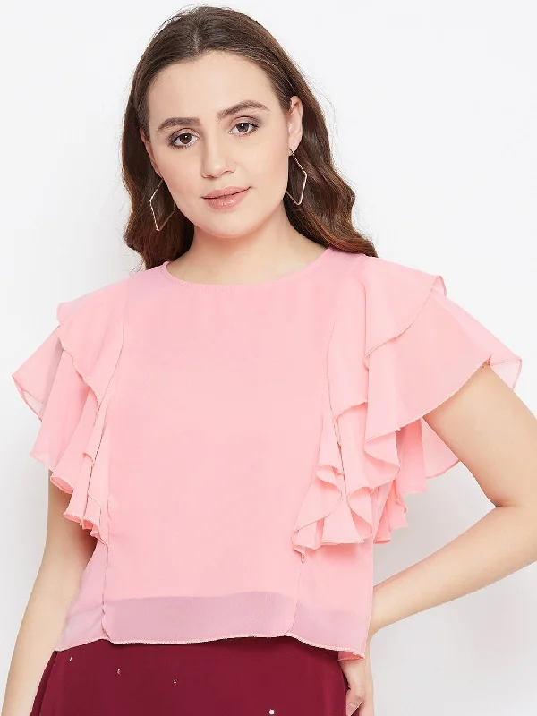 Women's Pink Layered Crop Top - BitterLime Notch Collar Peter Pan Collar Cowl Neck