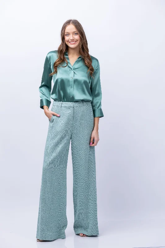 L'AGENCE Pilar Wide Leg Pant in Green Herringbone Classic Stretch Pants