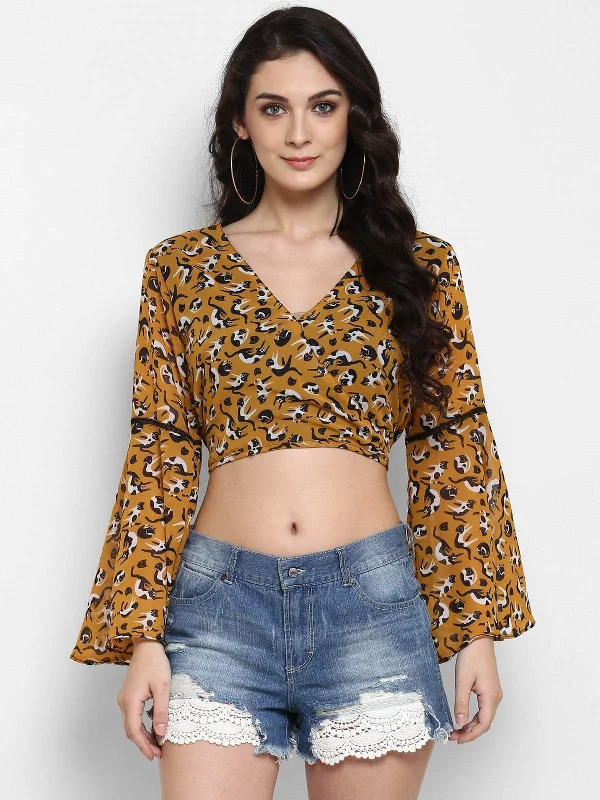 Women's Printed Bell Sleeves Crop Top - Pannkh Front Pockets Side Pockets Patch Pockets
