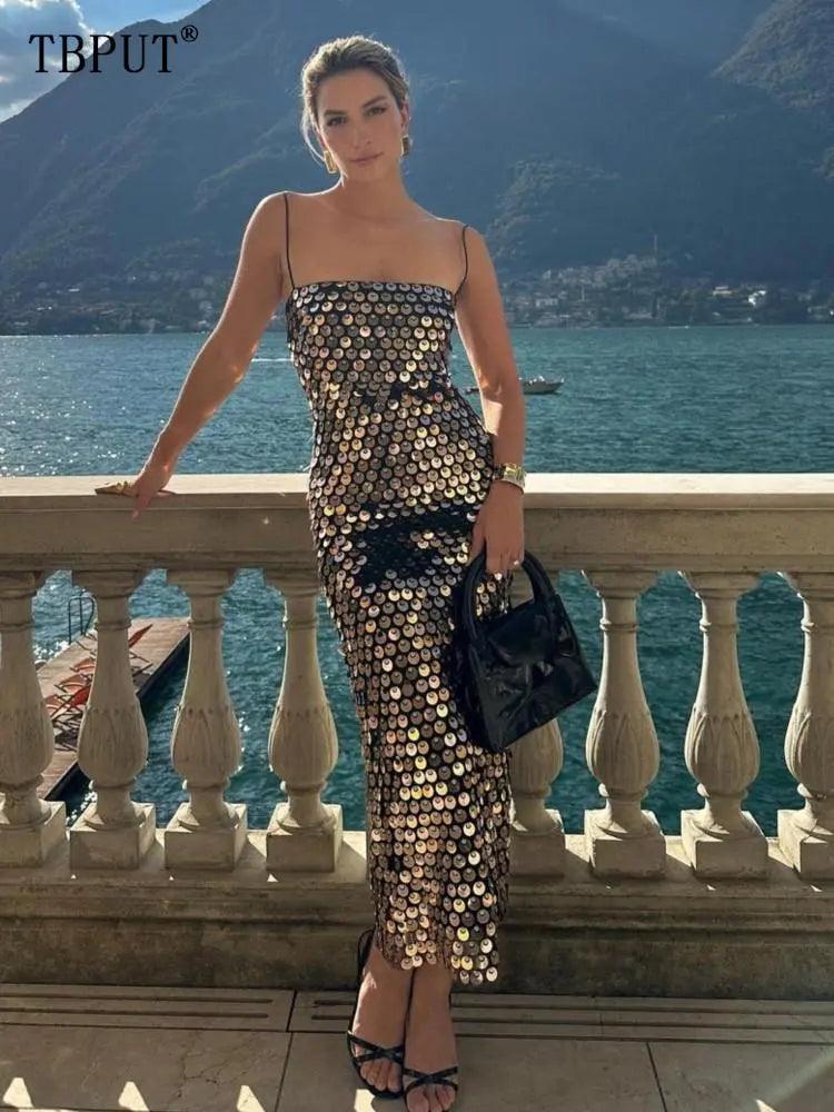 Elegant Sparkling Sequin Backless Evening Gown: Glamorous Party Dress Tunics Lace romantic