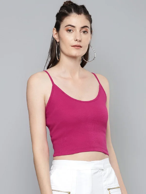 Women's Fuchsia Strappy Crop Top - SASSAFRAS Print Jacquard Patchwork