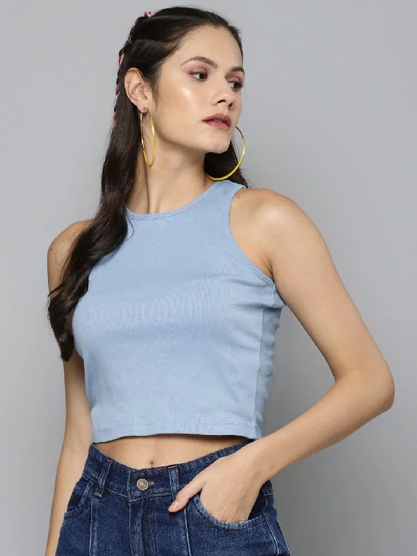 Women's Blue Box Back Crop Top - SASSAFRAS Boxy Fit Fitted Loose