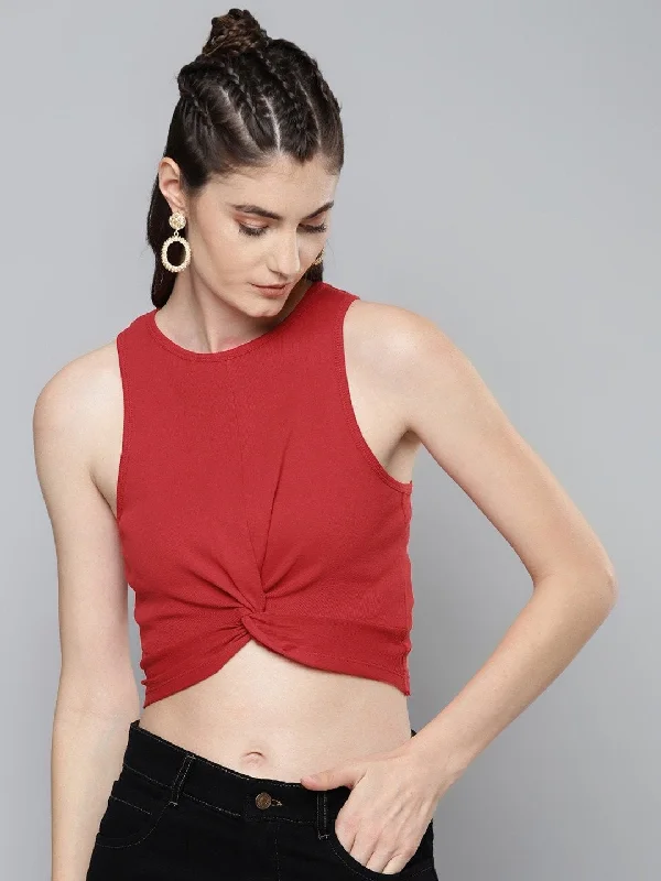 Women's Red Front Knot Crop Top - SASSAFRAS Embroidered Appliqued Beaded