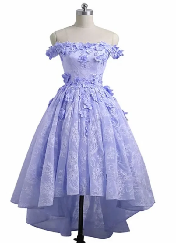 Lavender High Low Lace Party Dress, Cute Off Shoulder Prom Dress Tunics Lace romantic