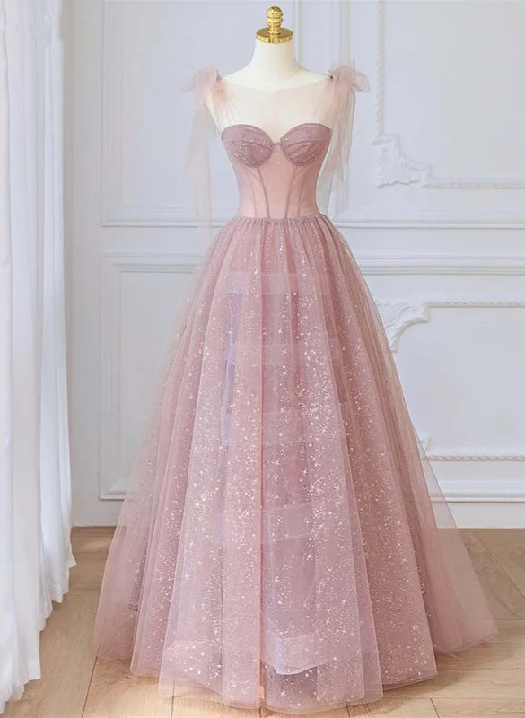 Pink Tulle Round Neckline A-line Party Dress, Pink Floor Length Evening Dress Tunics Luxurious high-end