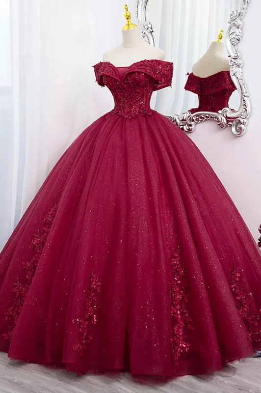 Burgundy Sweet 16 Formal Gown with Lace, Off the Shoulder Prom Dress Party Dress Lace Sexy Club