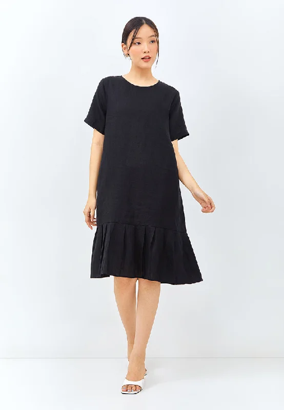 Short Sleeve Linen Dress with Pleated Hem in Black Tunics Luxurious high-end