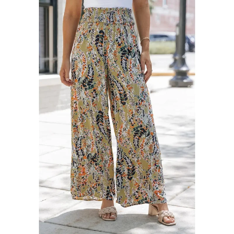 Multicolor Floral Print Shirred High Waist Wide Leg Casual Pants Soft Stretch Trousers