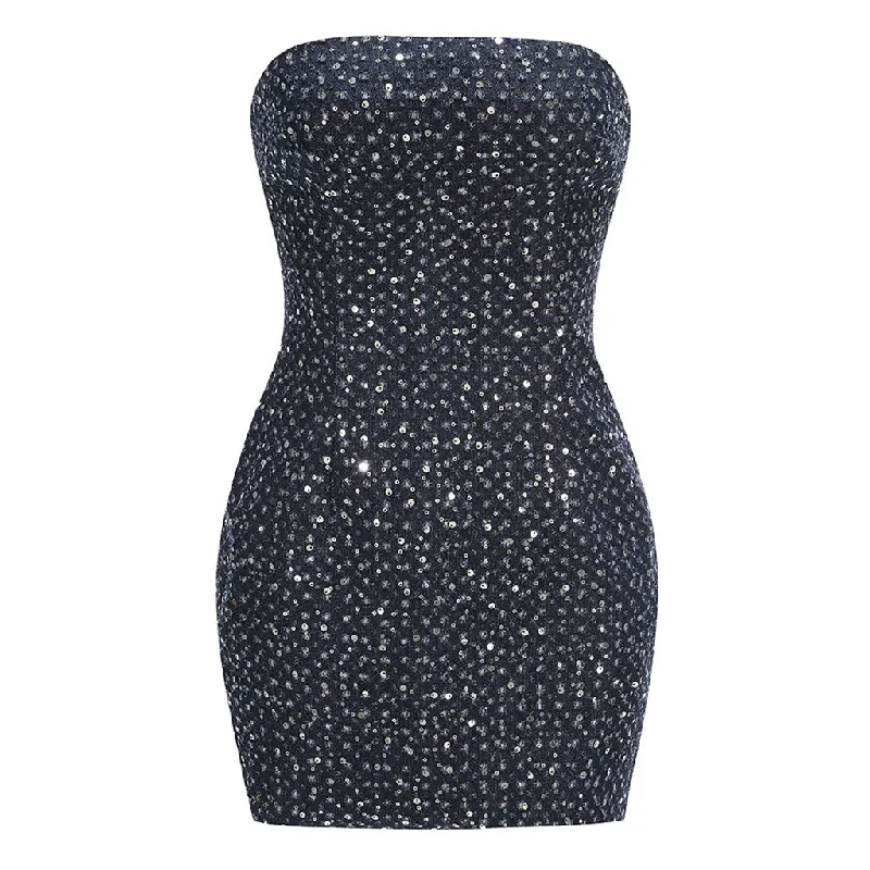 Sparkly Sequin Embellished Bodycon Ripped Denim Tube Mini Party Dress Tunics Mesh breathable