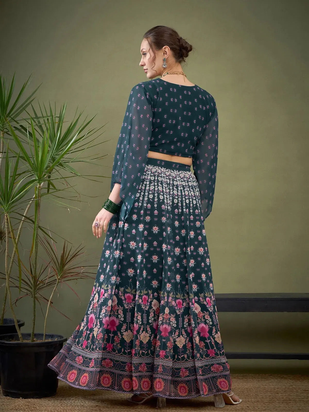 Women Green Floral Anarkali Skirt With Crop Top Mesh Blend Leather Blend Suede Blend Women Green Floral Anarkali Skirt With Crop Top Mesh Blend Leather Blend Suede Blend