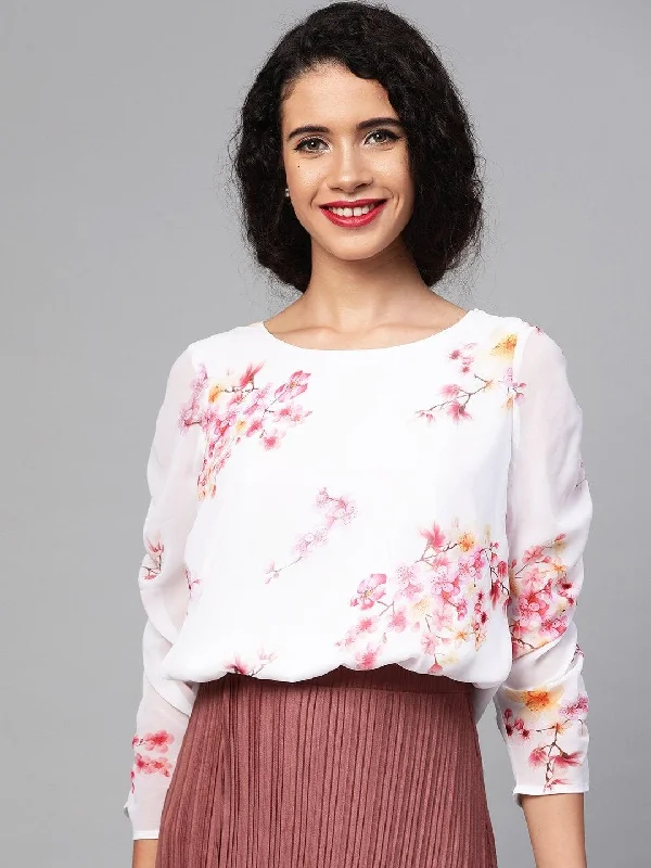 Women's Off-White Floral Rouched Sleeves Crop Top - SASSAFRAS Silk Blend Satin Velvet