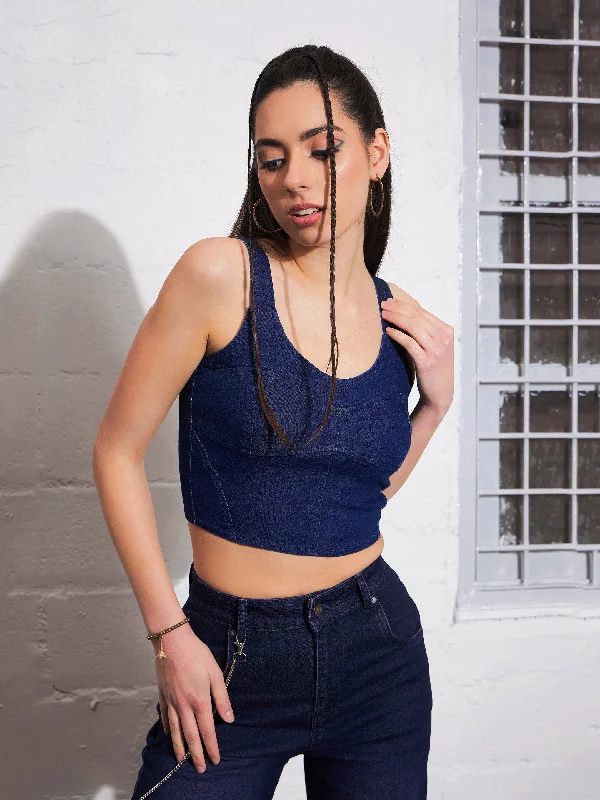 Women Navy Strappy Bustier Crop Top Spandex Blend Rayon Blend Denim Blend
