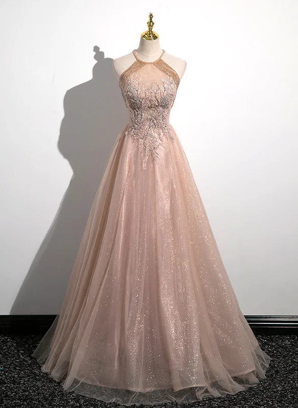 Lovely Pearl Pink Halter Tulle with Lace Applique Party Dress, A-line Tulle Long Prom Dress Tunics Handmade artisanal