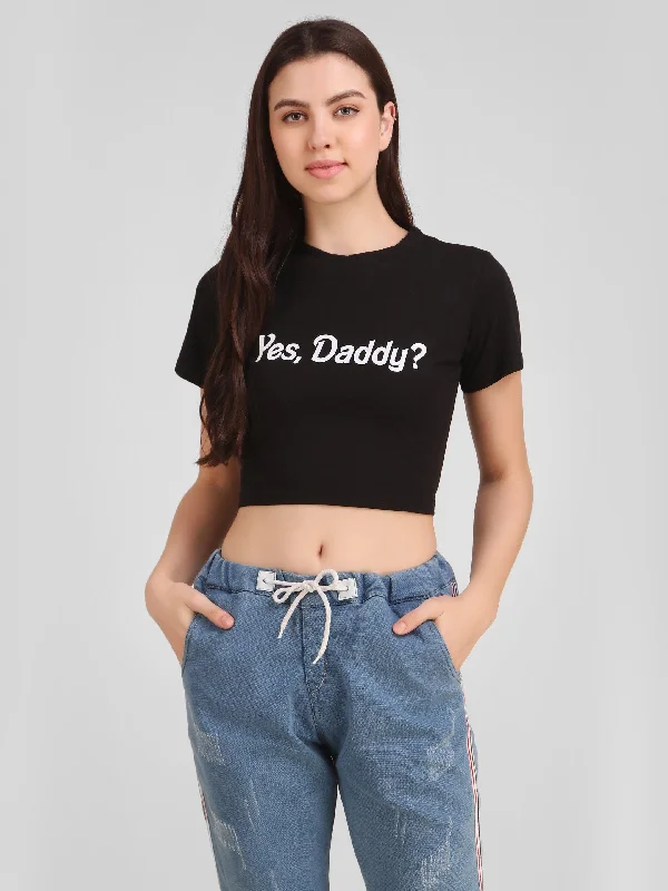 Women Black Crop Top - NOZ2TOZ Denim Fabric Leather Fabric Suede Fabric