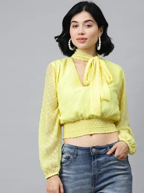 Women's Yellow Front Bow Smocking Crop Top - SASSAFRAS Crop Top Seamless Stretchy