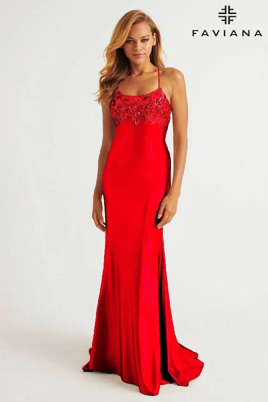 Red Satin Scoop Neck Dress With Sequin Applique And Lace Up Back | E11201 sweetheart Neckline Romantic