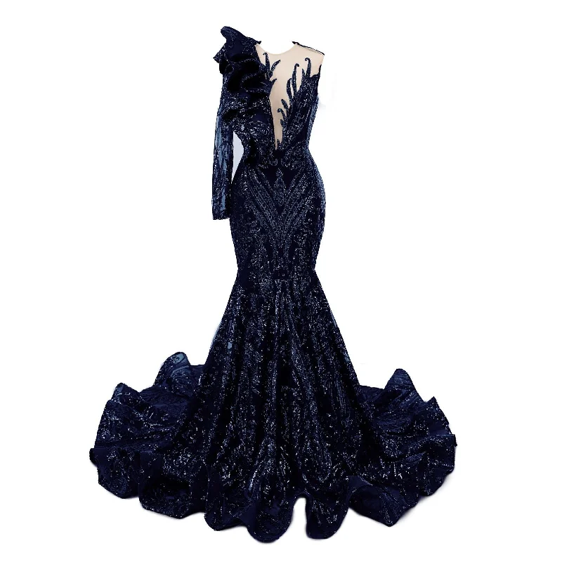 Navy Blue Mermaid One Sleeve Prom Dresses Sequined Lace Jewel Ruffles Evening Party Dress with Appliques Tunics Timeless classic