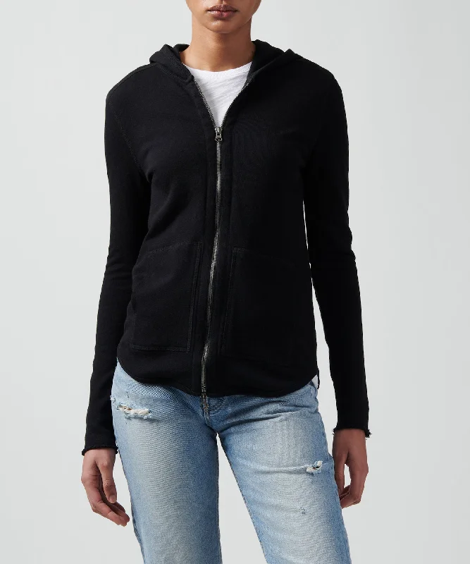 French Terry Zip-Up Hoodie - Black Hoodie with Longline Fit Extended Stylish
