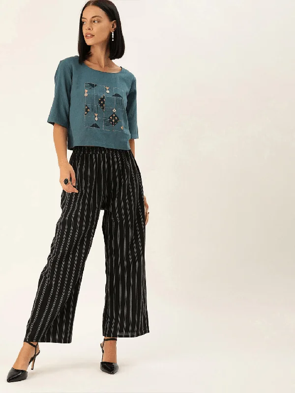 Women's Teal Blue Printed Boxy Crop Top with Embellished Detail - Varanga Asymmetrical Pockets Print