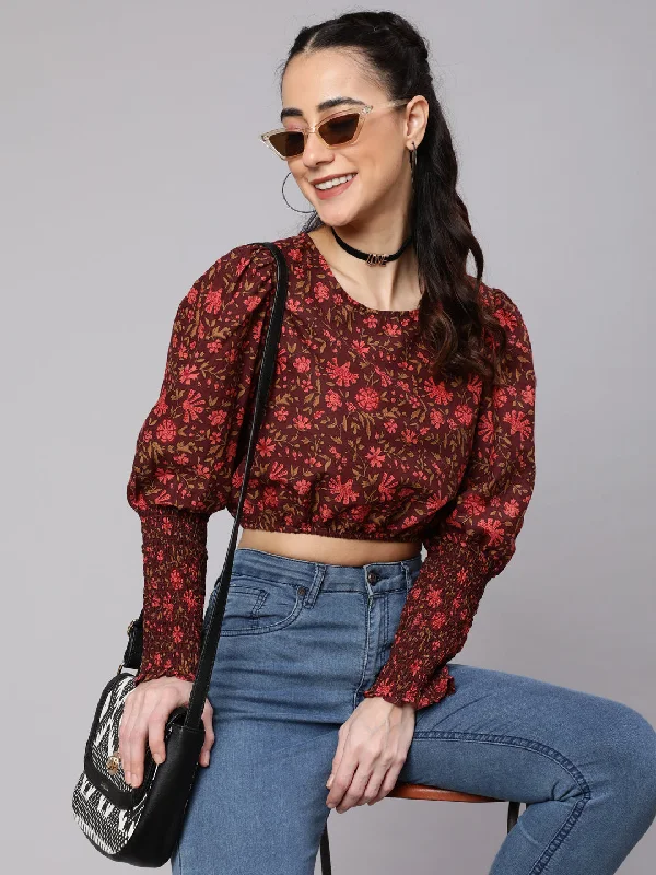 Women's Burgundy Floral Printed Crop Top - Aks Crop Top Seamless Stretchy