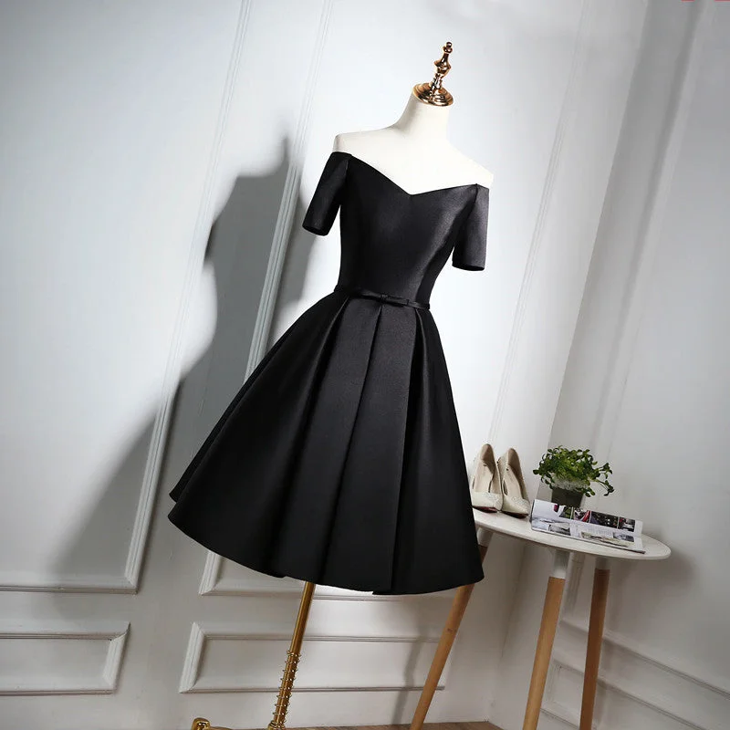 Lovely Black Satin Short Prom Dress, Black Party Dress Tunics Bridal satin
