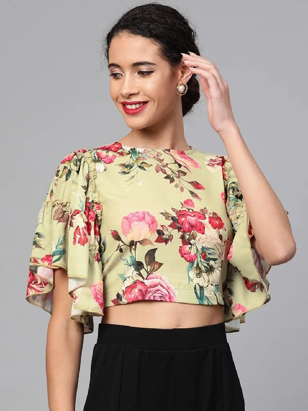 Women's Green Floral Flare Sleeve Crop Top - SASSAFRAS Collared Crew Neck Turtle Neck