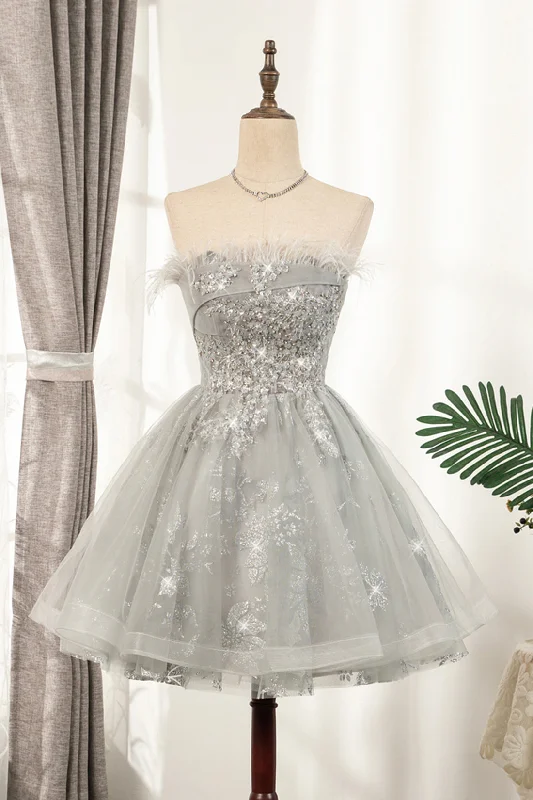 Gray Strapless Tulle Short Prom Dress with Sequins, Cute A-Line Party Dress Tunics Brand named